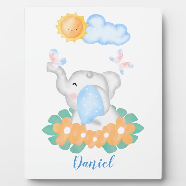 Eléphant Bébé mignon avec fleurs orange Plaque (Devant)
