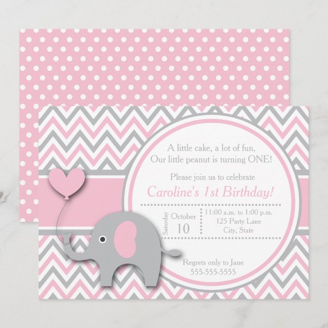 Elephant Birthday Einladung, Rosa und Grau Einladung (Vorne/Hinten)