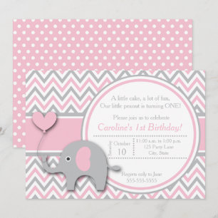 Elephant Birthday Einladung, Rosa und Grau Einladung