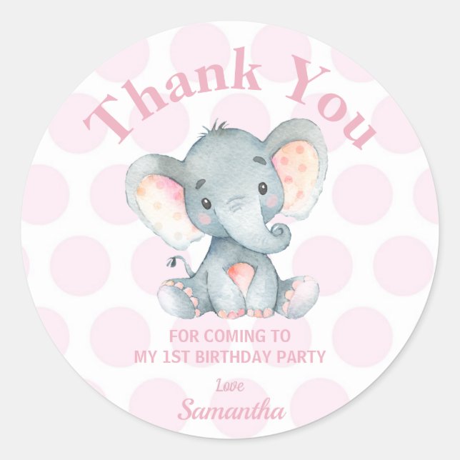 Elephant Birthday Vielen Dank Stickers Labels Pink (Vorderseite)