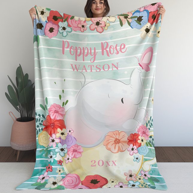 Elephant Blanket mit Blume + Individuelle Name Fleecedecke (Elephant Blanket with Flowers + Custom Name (L))