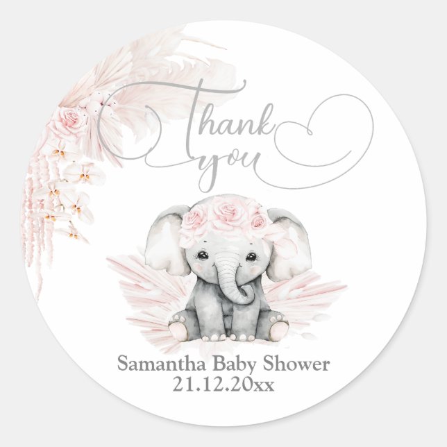 Elephant Blash Pink Blume Boho Baby Dusche Runder Aufkleber (Vorderseite)