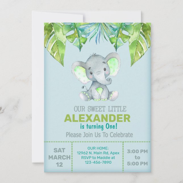 Elephant & Blätter Jungen Geburtstagseinladung, ei Einladung (Vorderseite)