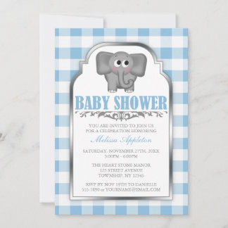 Eléphant bleu En vichy bébé douche Invitations