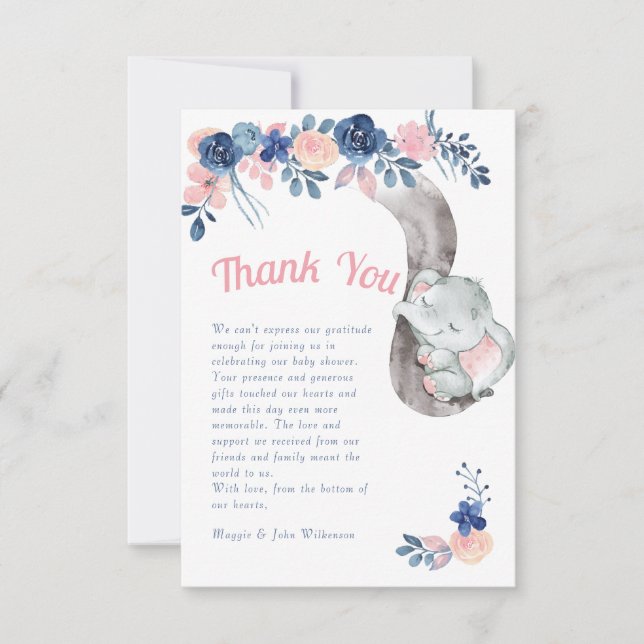 Elephant Blue and Pink Baby Dusche Vielen Dank Dankeskarte (Vorderseite)