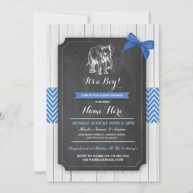 Elephant Blue Baby Dusche Party Boy Wood Einladung (Vorderseite)