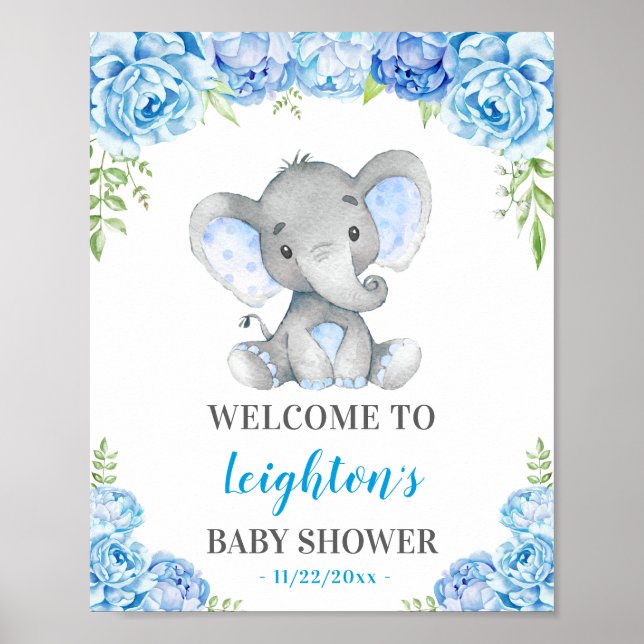 Elephant Blue Boy Baby Dusche Sprinkle Empfang Poster (Vorne)