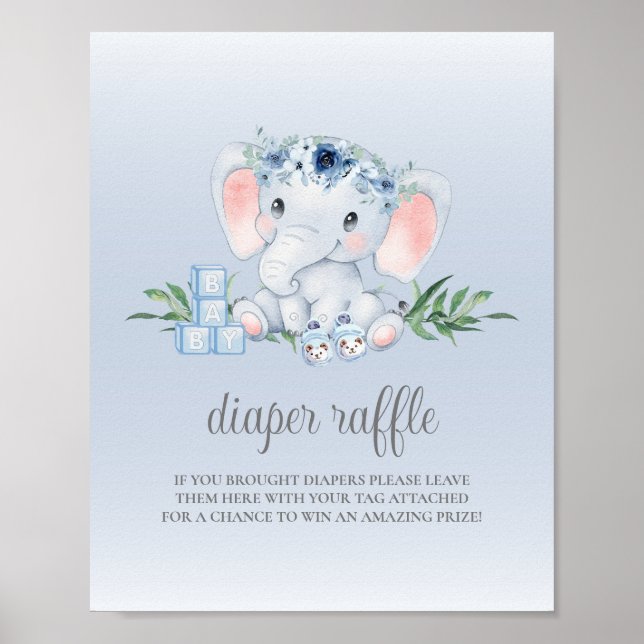 Elephant Blue Boy Babydusche Windeln Raffel-Zeiche Poster (Vorne)