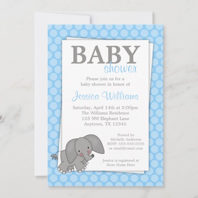 Elephant Blue Dots Baby Shower Einladungen (Vorderseite)