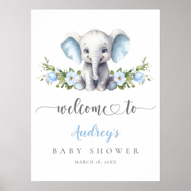 Elephant Blue Floral Baby Boy Dusche Willkommen Poster (Vorne)