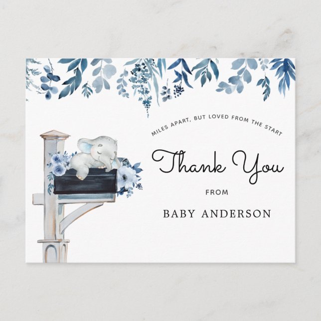 Elephant Blue Floral Baby Dusche by Mail Vielen Da Postkarte (Vorderseite)