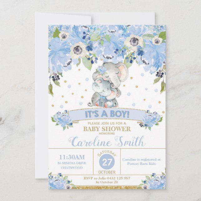 Elephant Blue Floral Baby Shower Boy Mama und Baby Einladung (Vorderseite)