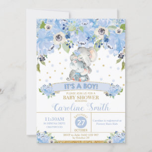 Elephant Blue Floral Baby Shower Boy Mama und Baby Einladung