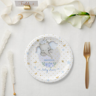 Elephant Blue Floral Boho Baby Boy Dusche Pappteller