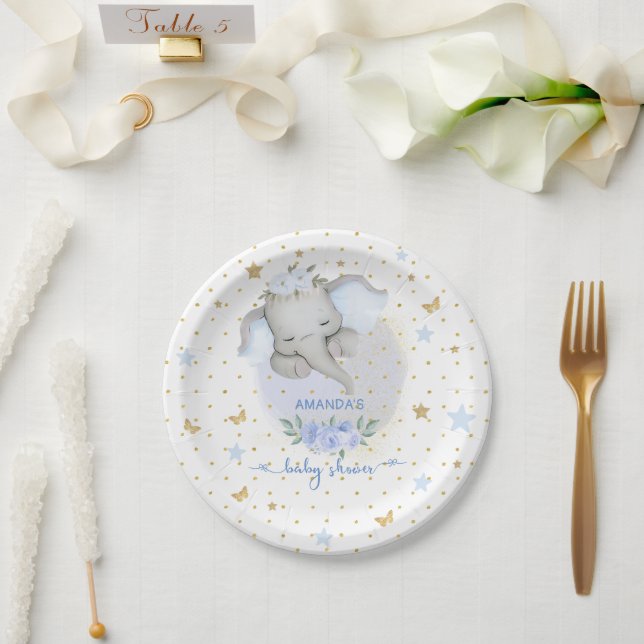 Elephant Blue Floral Boho Baby Boy Dusche Pappteller (Hochzeit)