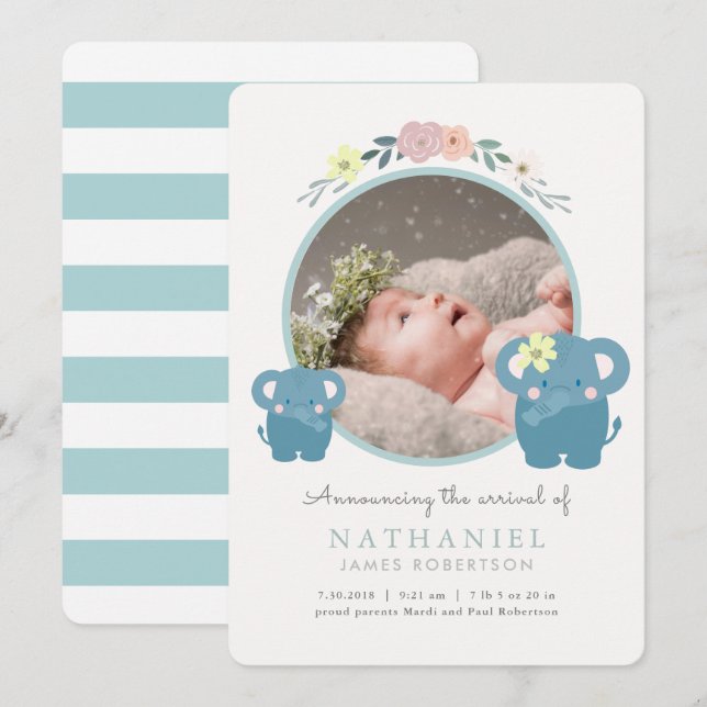 Elephant Blue Floral Boy Foto Geburtserklärung Einladung (Vorne/Hinten)
