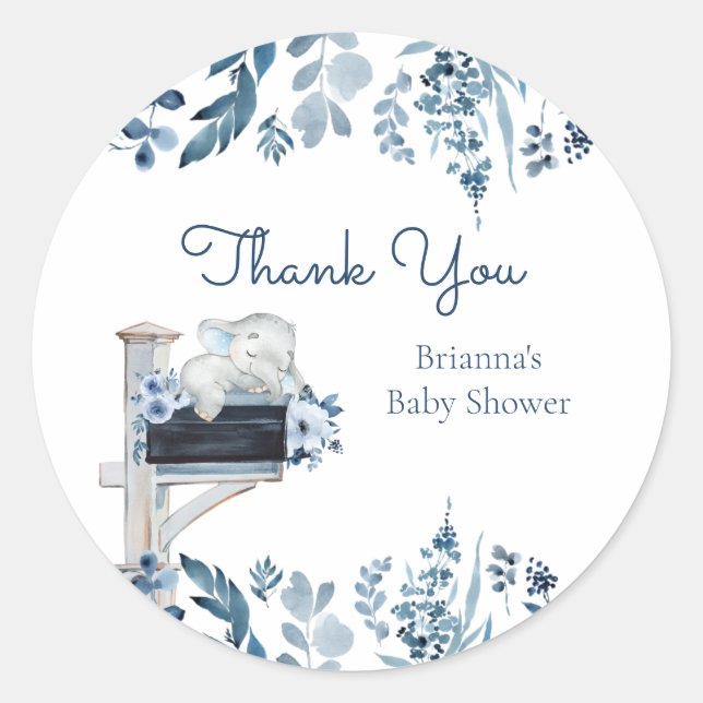 Elephant Blue Flowers Baby Dusche by Mail Runder Aufkleber (Vorderseite)