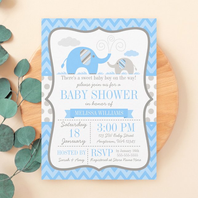 Elephant Blue Gray Baby Shower Einladungen (Von Creator hochgeladen)