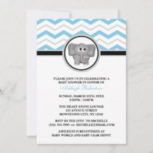 Elephant Blue Gray Zickzack Baby Shower Einladunge Einladung