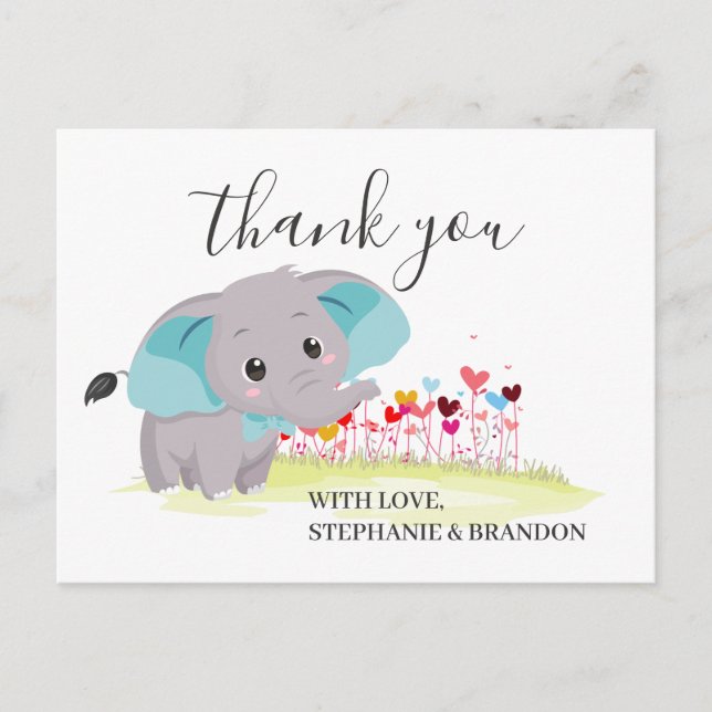 Elephant Blue Heart Balloons Danke Card Postkarte (Vorderseite)