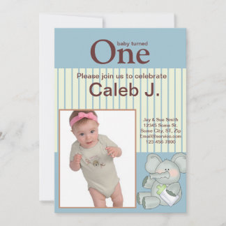 Elephant Blue Stripe Baby Geburtstag Foto Einladung