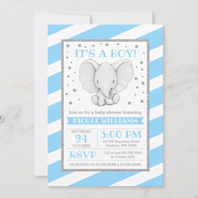 Elephant Blue Stripes Boy Baby Shower Einladungen (Vorderseite)