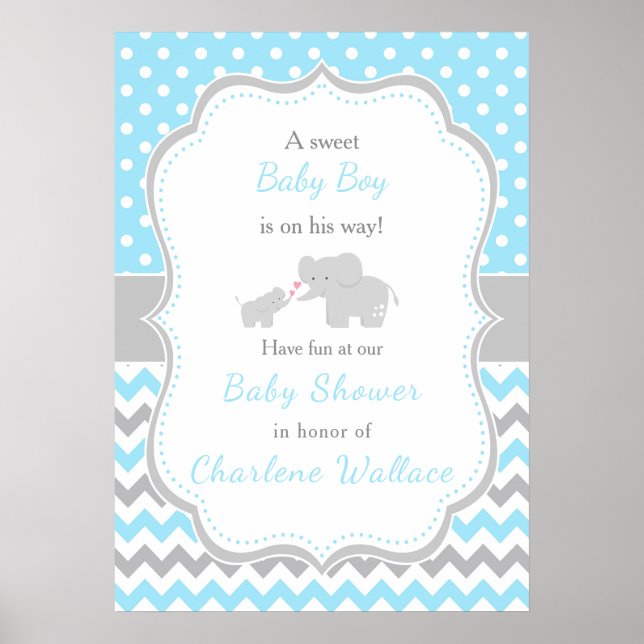Elephant Blue und Gray Baby Dusche Poster (Vorne)