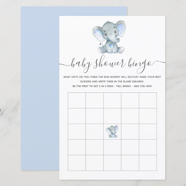 Elephant Blue Watercolor Baby Bingo Showspiel (Vorne/Hinten)