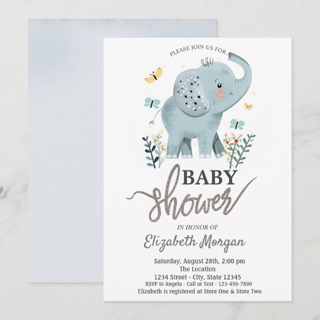 Elephant Blume Butterflies Babydusche Einladung (Vorne/Hinten)