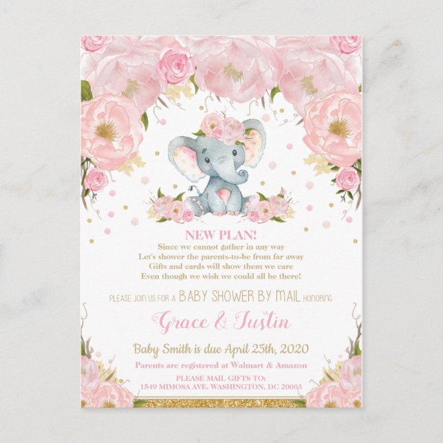 Elephant Blush Floral Baby Dusche von Mail Girl Postkarte (Vorderseite)