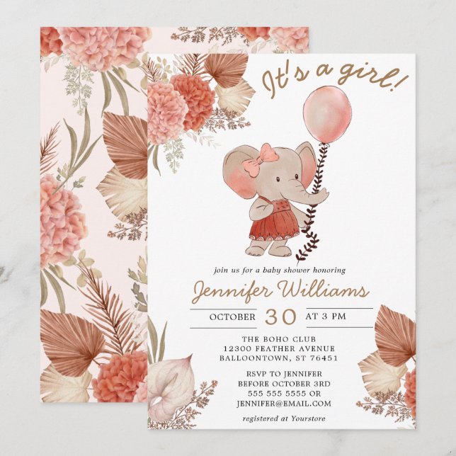 Elephant Boho Floral Baby Shower Girl Einladung (Vorne/Hinten)