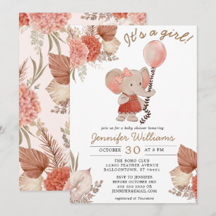Elephant Boho Floral Baby Shower Girl Einladung