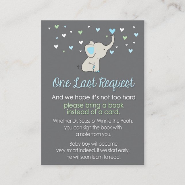 Elephant Book Request Card, Elephant Baby Dusche Begleitkarte (Vorderseite)