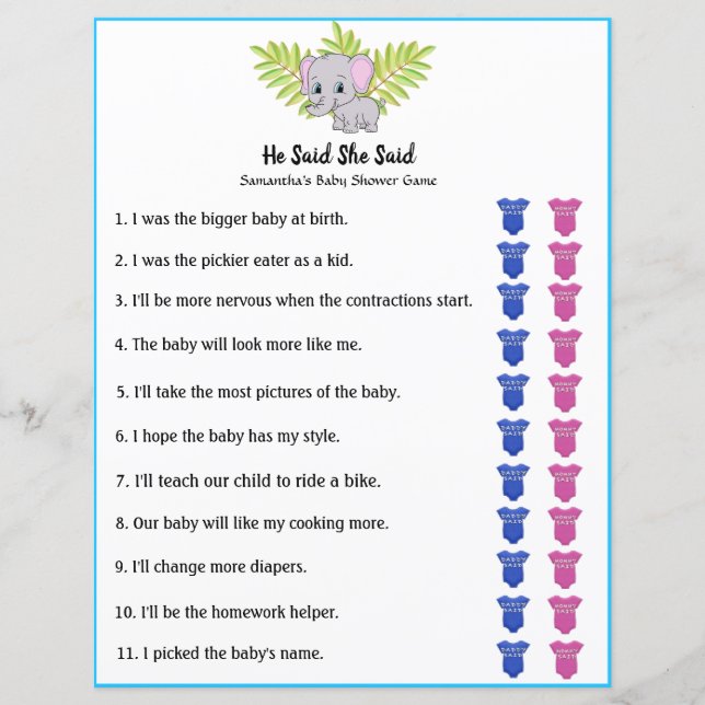 Elephant Boy Baby Dusche sagte er sagte, sie sagte (Vorderseite)