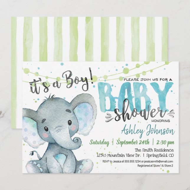 Elephant Boy Baby shower invitation Bleu et vert (Devant / Derrière)