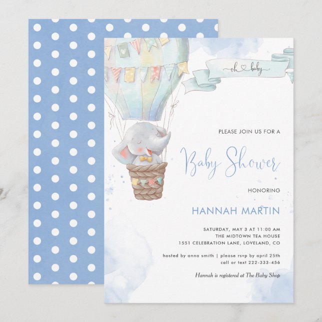 Elephant Boy Blue Balloon Niedlich Baby Dusche Einladung (Vorne/Hinten)