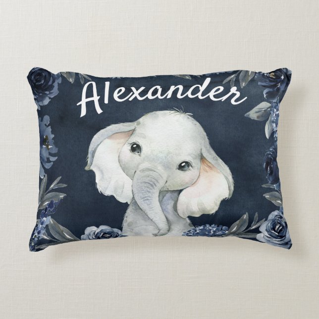Elephant Boy Navy Rustic Floral Name Rose Dekokissen (Vorderseite)