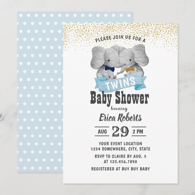 Elephant Boy Twins Gold Confetti Babydusche Einladung (Vorne/Hinten)