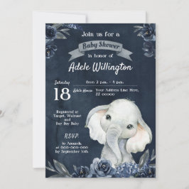 Elephant Boy Watercolor Floral Navy Blue Baby Einladung