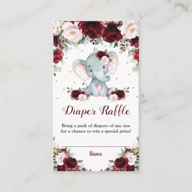 Elephant Burgundy Blush Floral Diaper Raffle Baby Begleitkarte (Vorderseite)