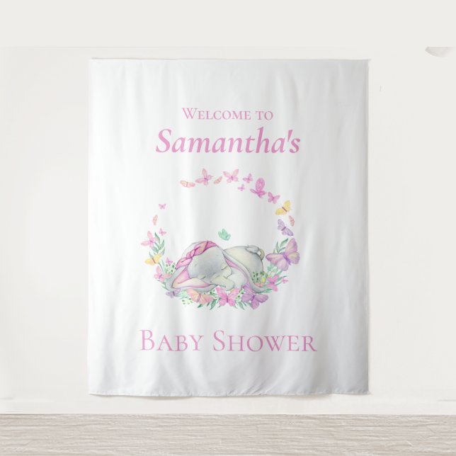 Elephant Butterflies Babydusche Hintergrund Wandteppich (Vorderseite)