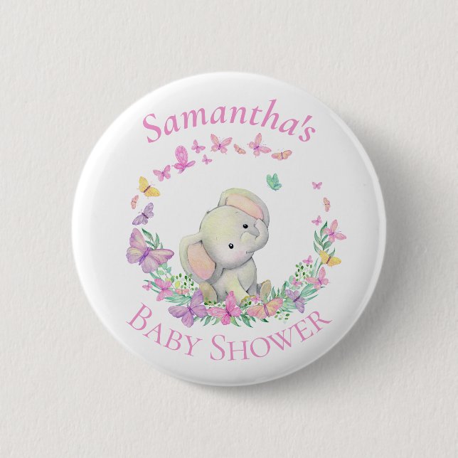Elephant Butterflies Pink Baby Dusche Button (Vorderseite)