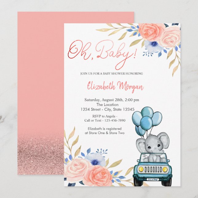 Elephant Car, Balloons Blumenbaby-Dusche Einladung (Vorne/Hinten)
