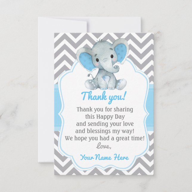 Elephant Carte de remerciements Blue Grey Chevron  (Devant)