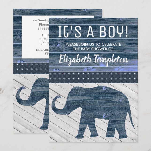 Elephant C'est un garçon Baby Shower Invitations (Devant / Derrière)