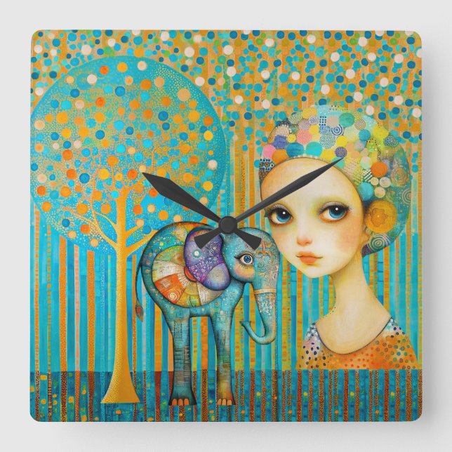 Elephant Charm Quadratische Wanduhr (Vorderseite)