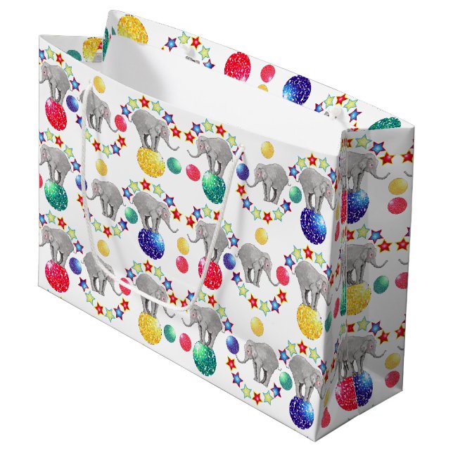 Elephant Circus Theme Kindergeburtstag Party Große Geschenktüte (Vorderseite Schrägansicht)