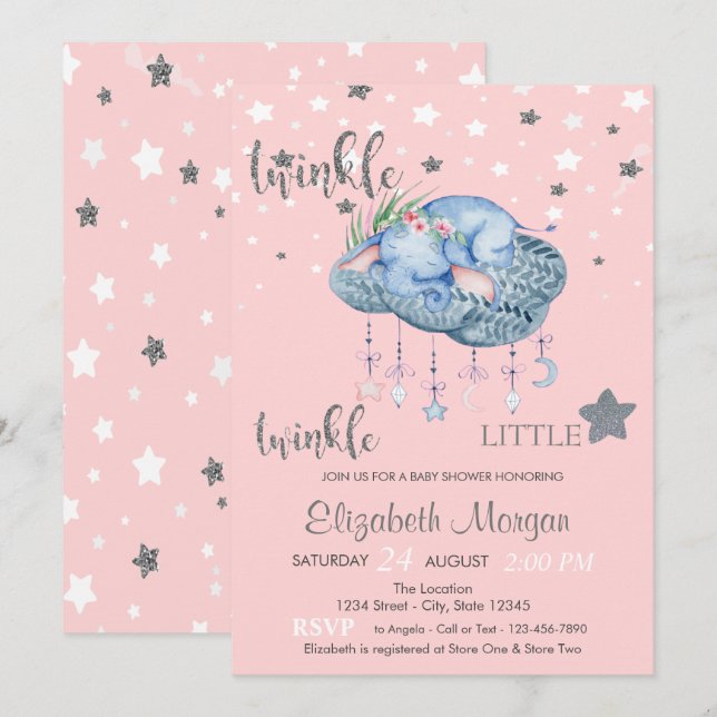 Elephant Cloud Little Star Baby Shower Einladung (Vorne/Hinten)