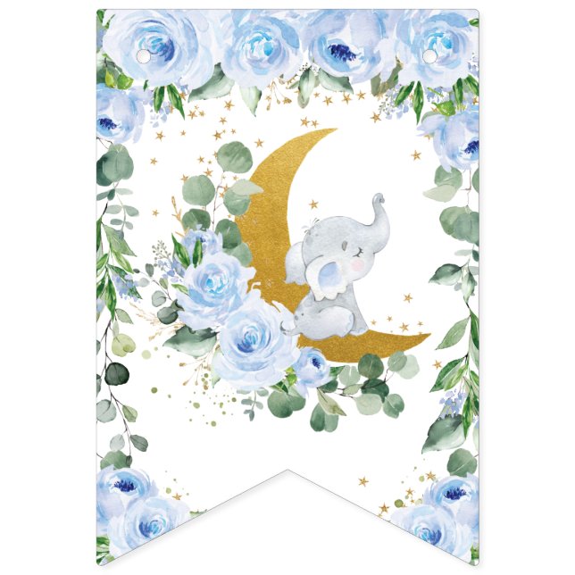 Elephant Crescent Moon Blue Floral Baby Dusche Wimpelkette (Erste Fahne)