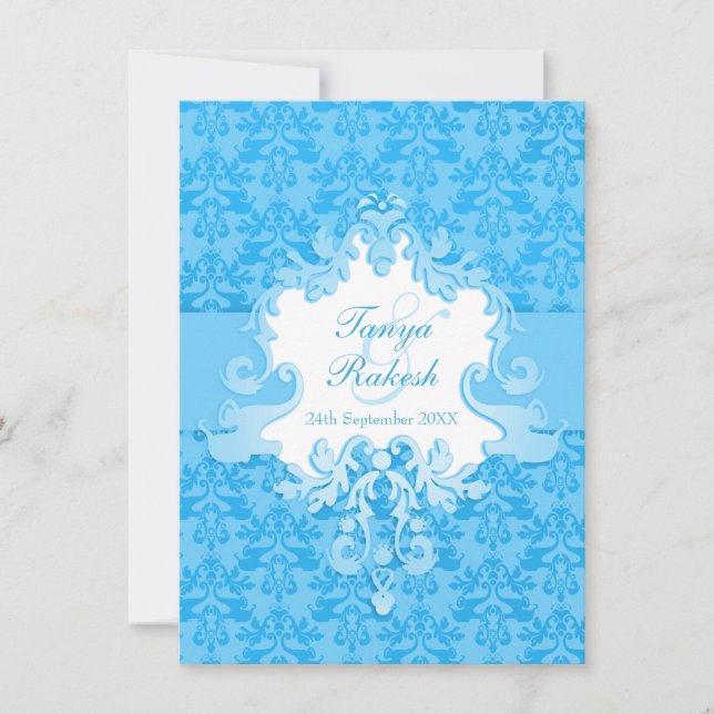 Elephant Damask Aqua Blue Hochzeit Einladung (Vorderseite)